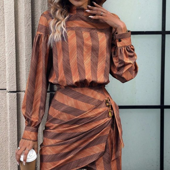 . Dresses & Skirts - Brown Preppy Womens Striped Print Lantern Sleeve Knot Side Wrap Hem Dress